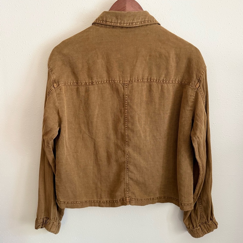 C&C California Cropped Utility Jacket Linen Blend Camel Brown Button Front - Picture 5 of 8